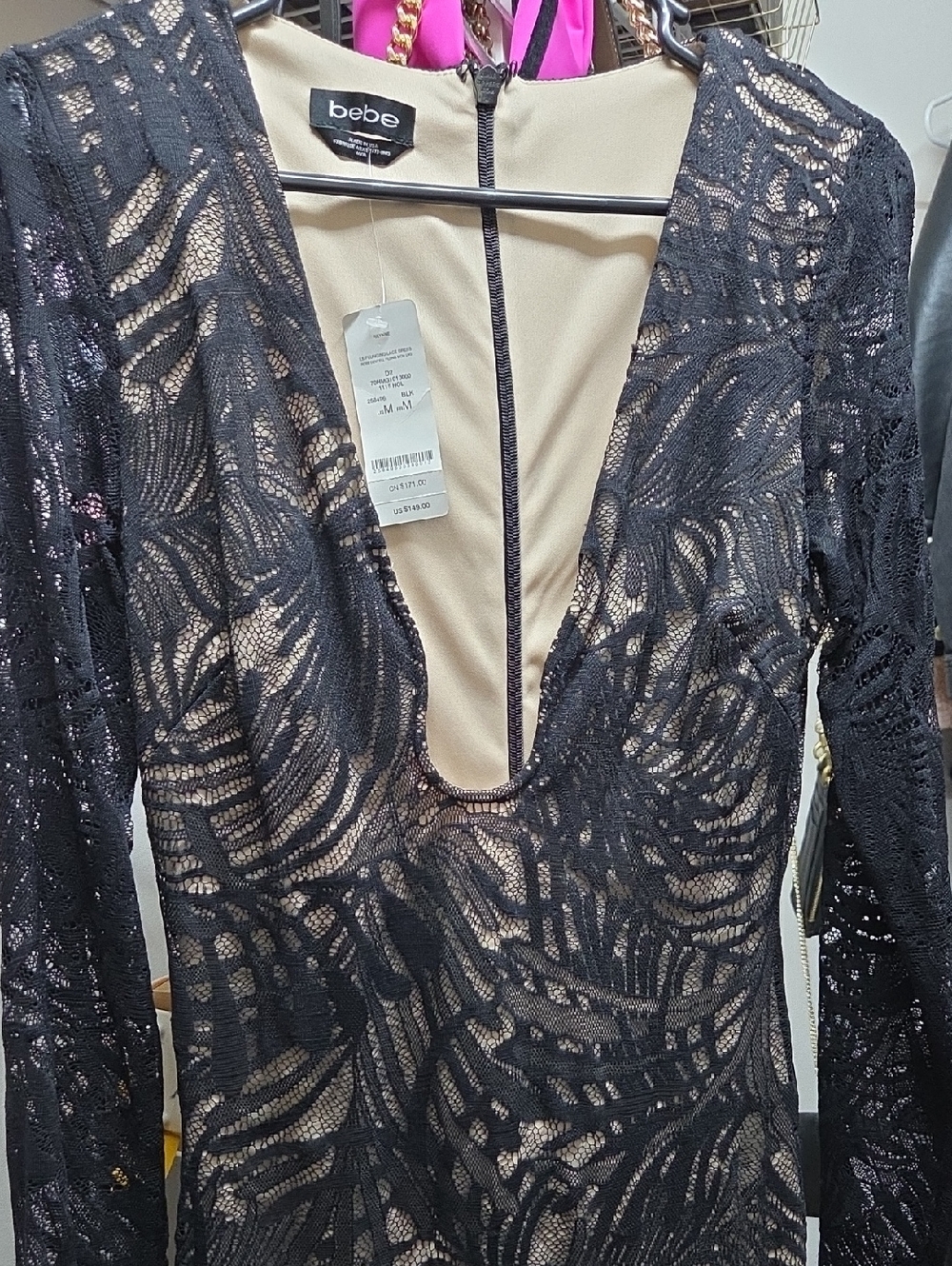 bebe Black Lace Plunge Bodycon Dress with Nude Lining